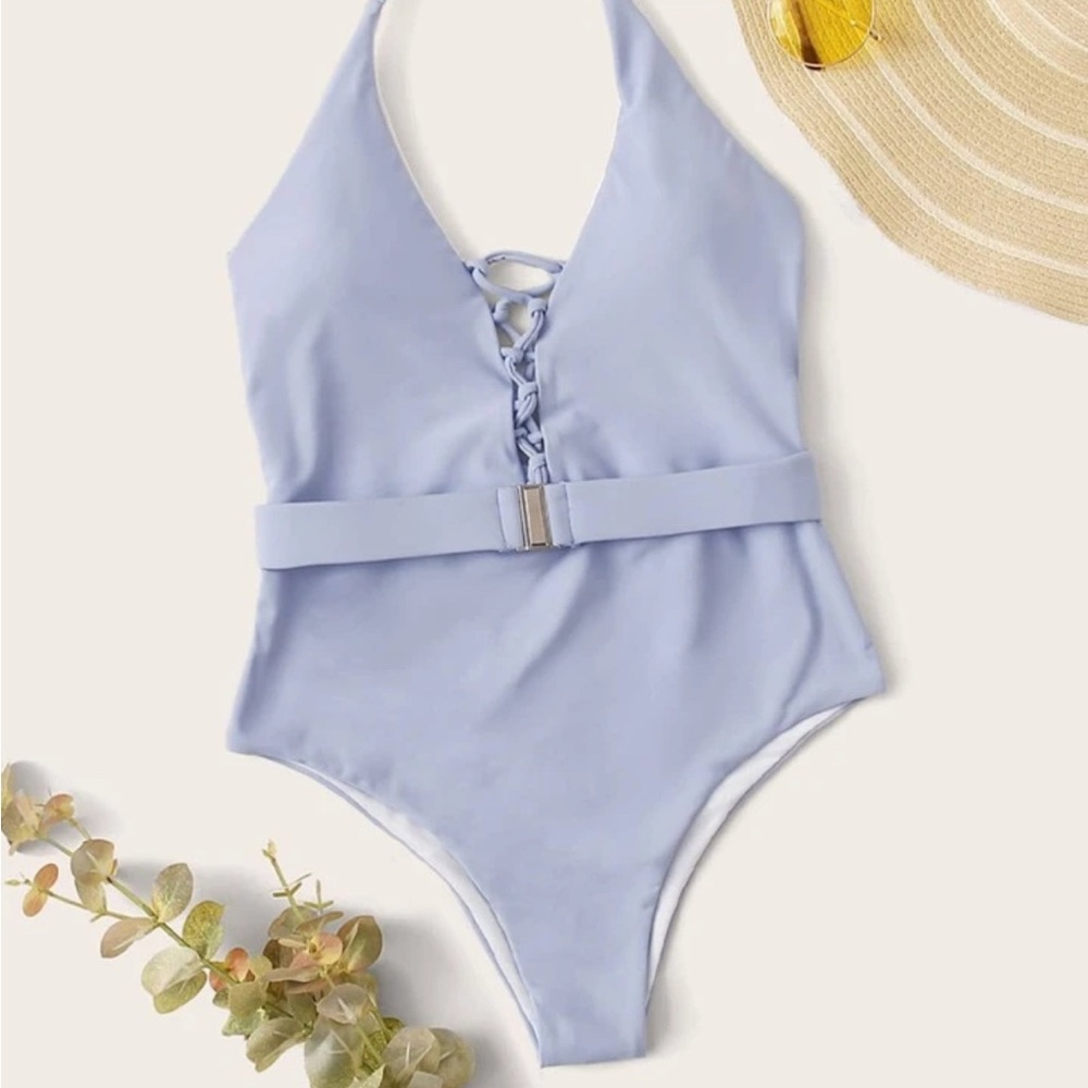 NWT Blue Lace-Up One Piece Swimsuit “Pampelonne” Halter Monokini with Belt